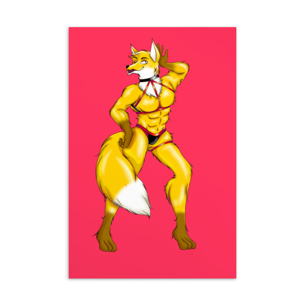 Postcard artwork of a yellow anthropomorphic fox in black-and-red lingerie against a pink background