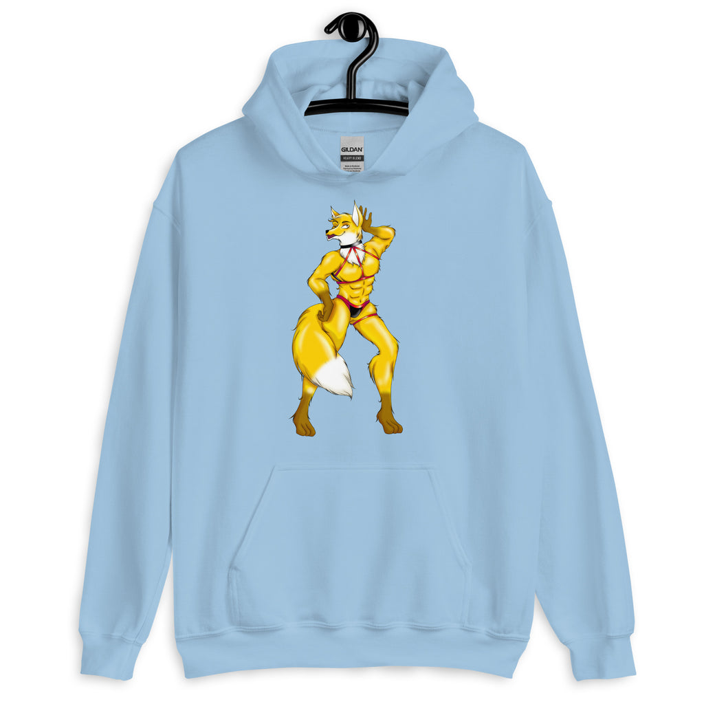 Front view of a light blue hoodie with a yellow fox furry character in red lingerie