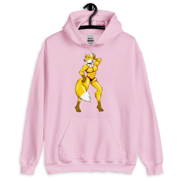 Front-view pink hoodie on a hanger with a muscular fox furry in a harness and briefs