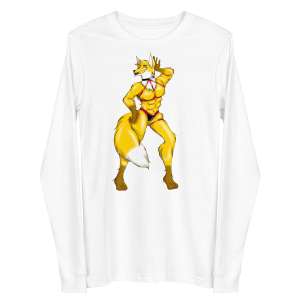 White long-sleeve shirt with a muscular yellow fox furry in red-and-black harness gear