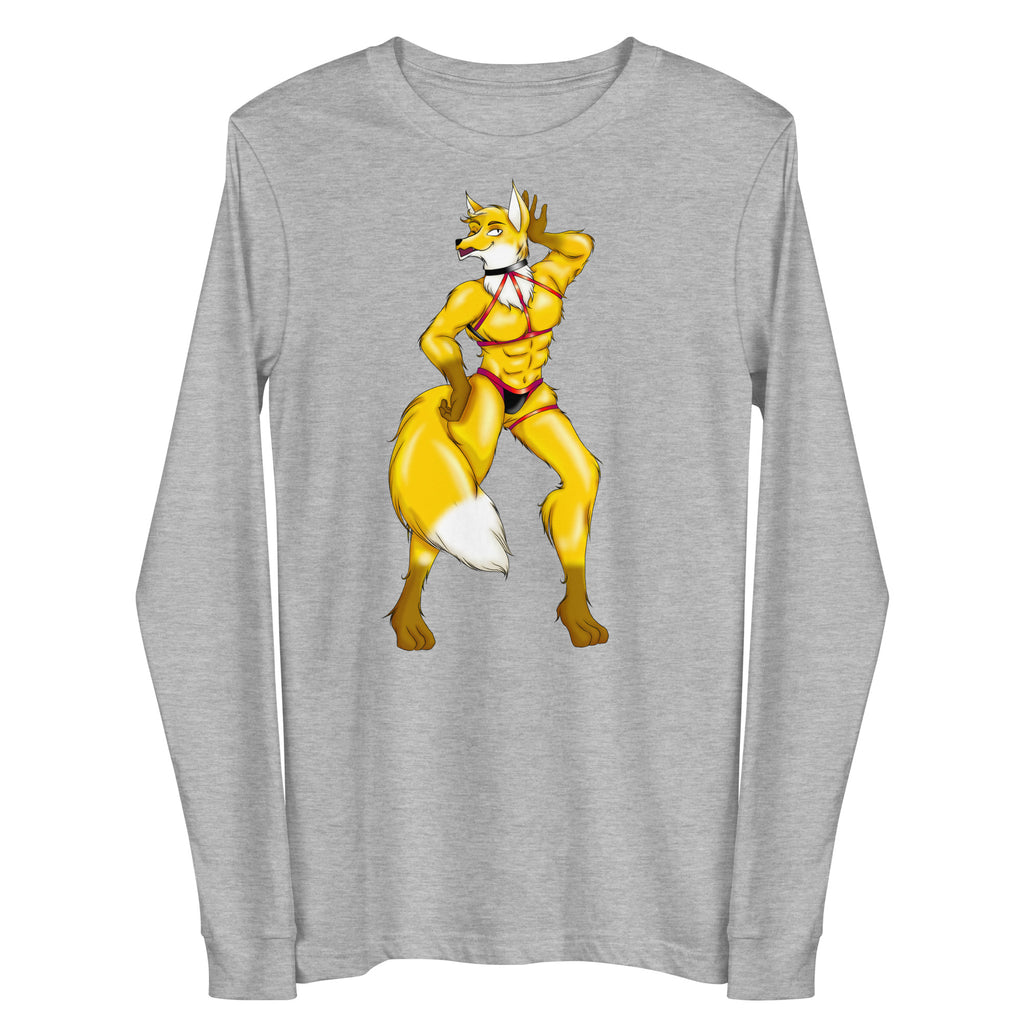Front view of a heather-gray long-sleeve shirt with a muscular golden fox furry in red harness gear