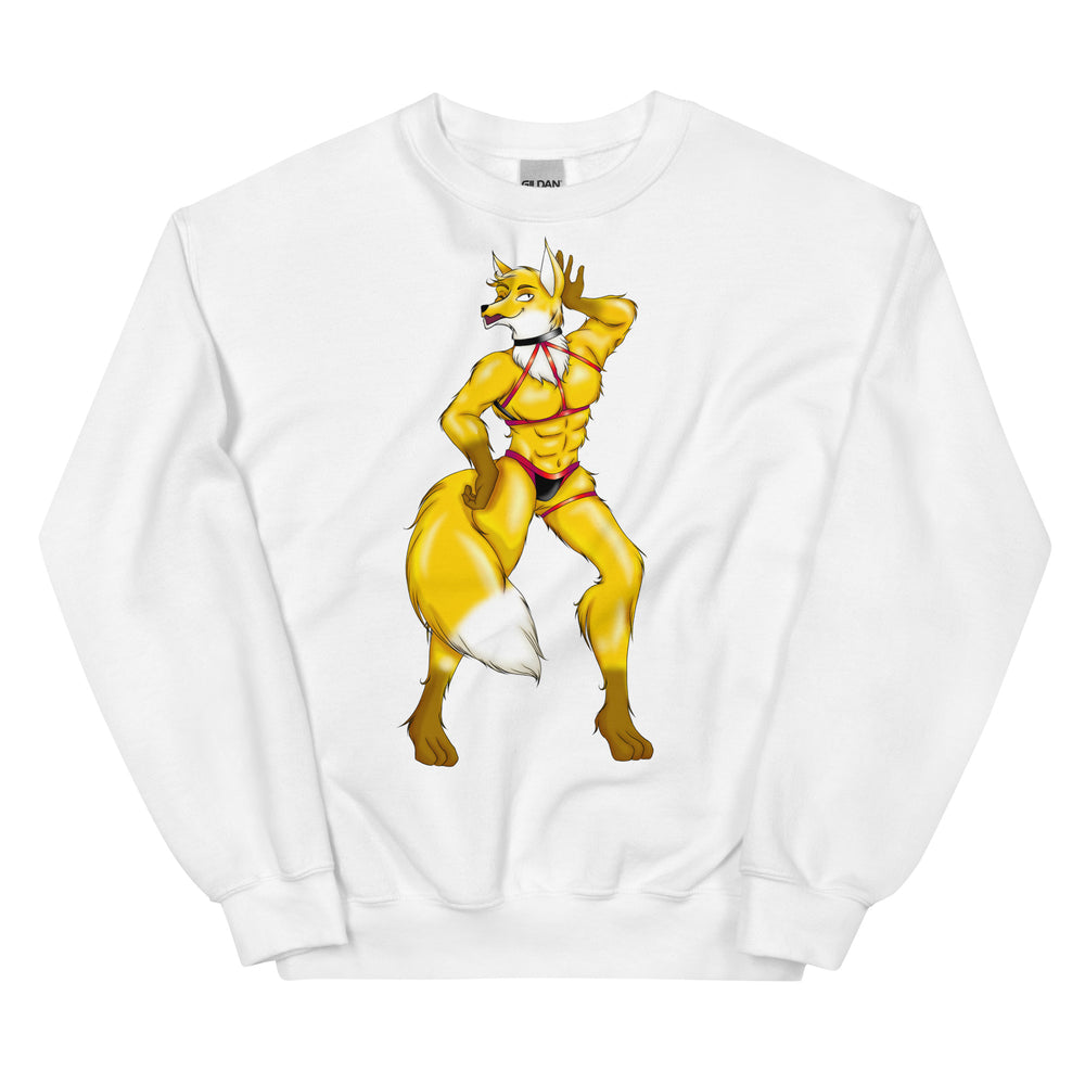 White sweatshirt with a stylized yellow fox furry character in red-and-black underwear