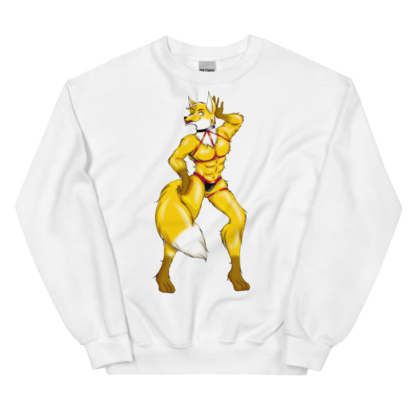 White sweatshirt with a stylized yellow fox furry character in red-and-black underwear