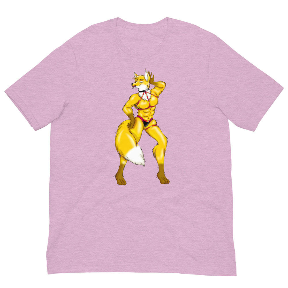 Front view of a heather-lilac T-shirt with a muscular yellow fox in red underwear