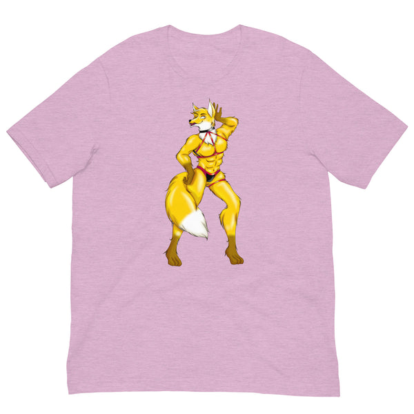 Front view of a heather-lilac T-shirt with a muscular yellow fox in red underwear
