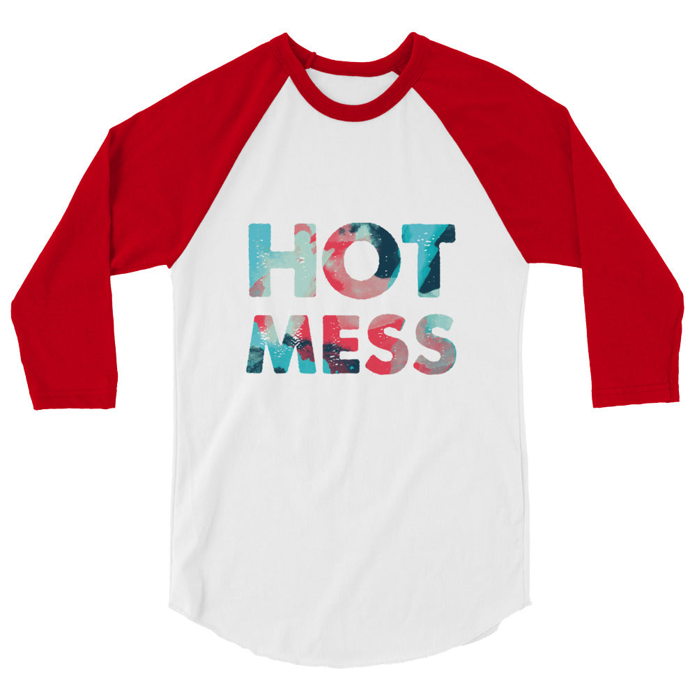 Front view of a white raglan shirt with red three-quarter sleeves and “HOT MESS” lettering