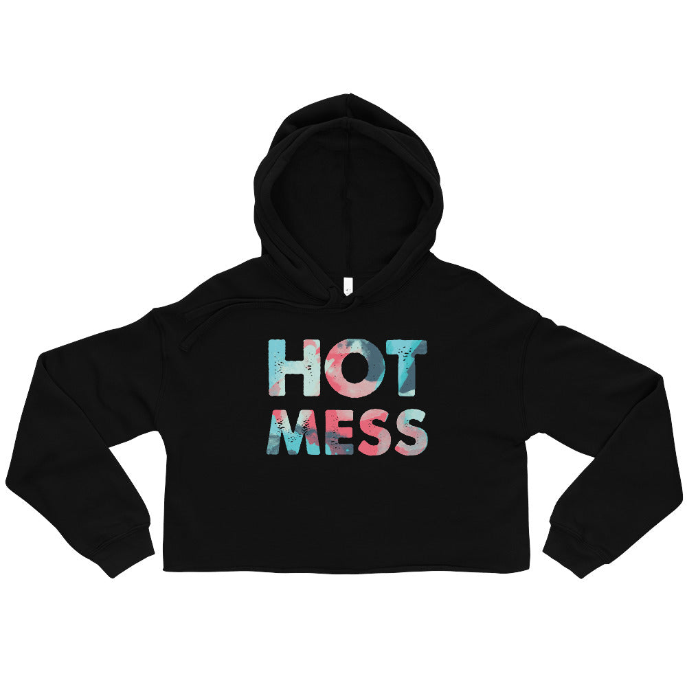 Black cropped hoodie with colorful “HOT MESS” lettering, shown flat with hood up