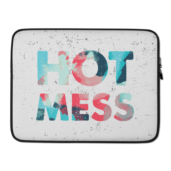 Laptop sleeve with black trim and zipper, printed with colorful distressed “HOT MESS” lettering