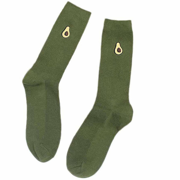 Pair of olive-green crew socks with small avocado motifs, shown against a white background