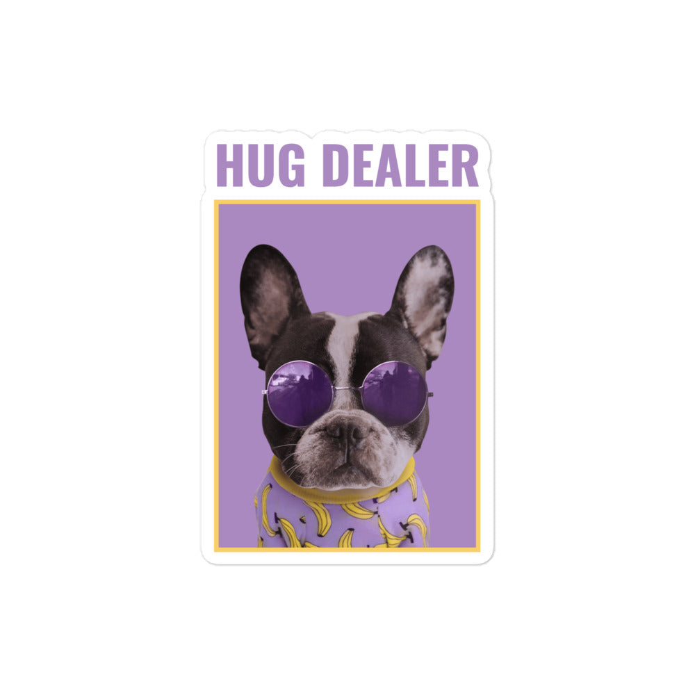 Sticker reading “HUG DEALER” with a French bulldog wearing purple sunglasses and a banana-print shirt