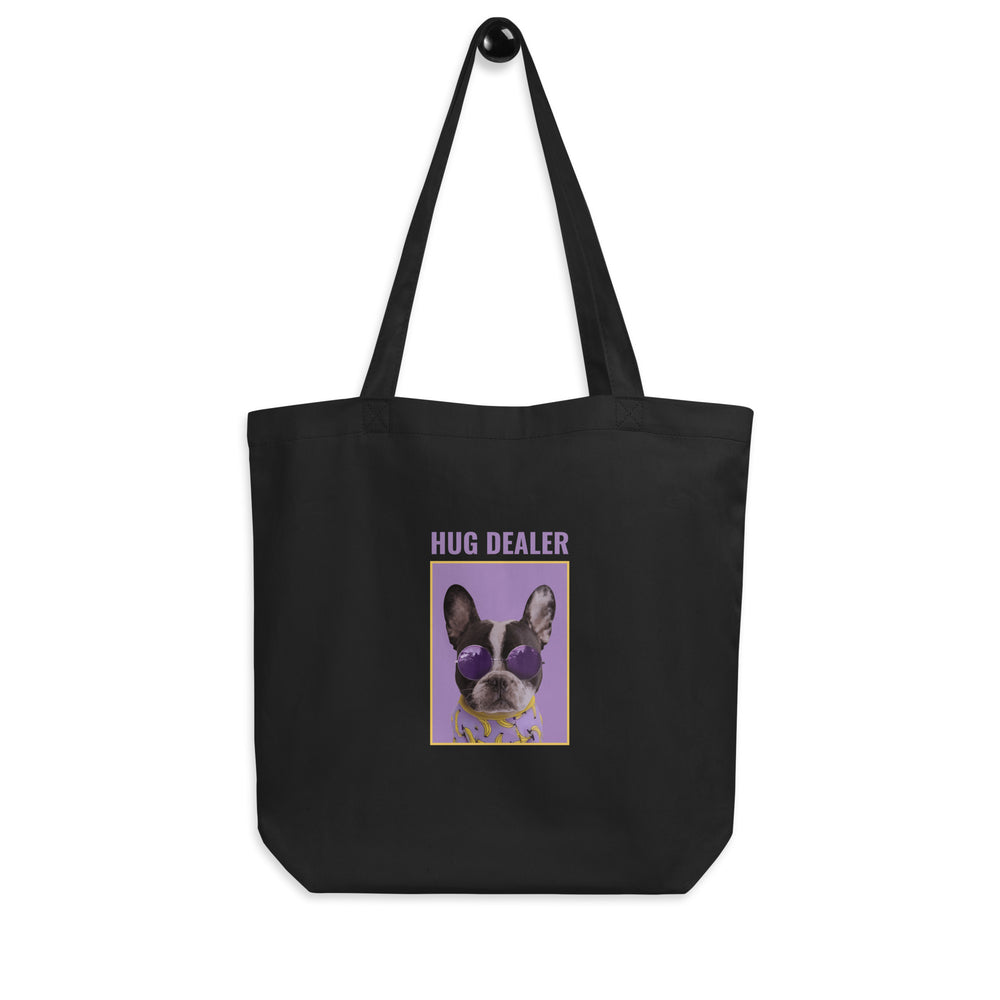 Black tote bag with purple “HUG DEALER” text and a dog in sunglasses