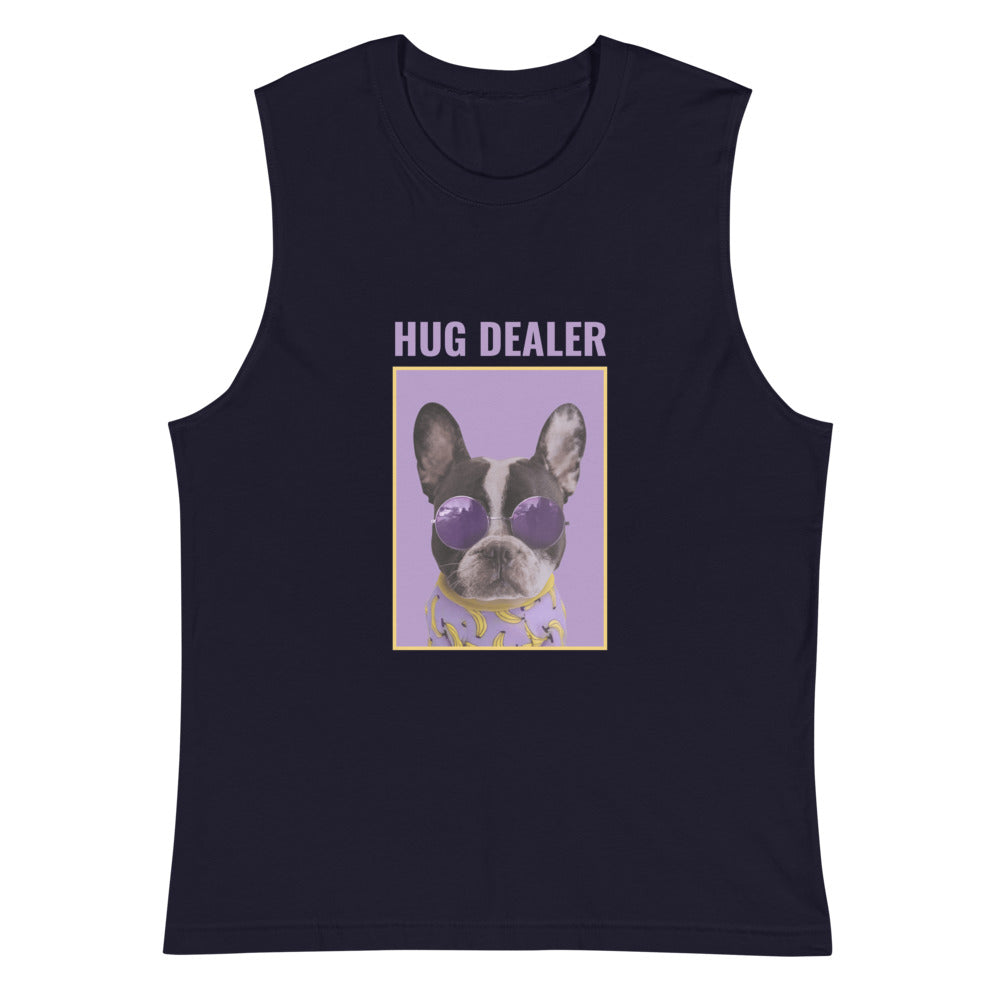 Navy muscle tank top with “HUG DEALER” text and a dog in purple sunglasses