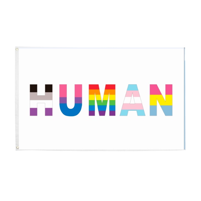 White LGBT pride flag with multicolored striped HUMAN lettering and metal grommets