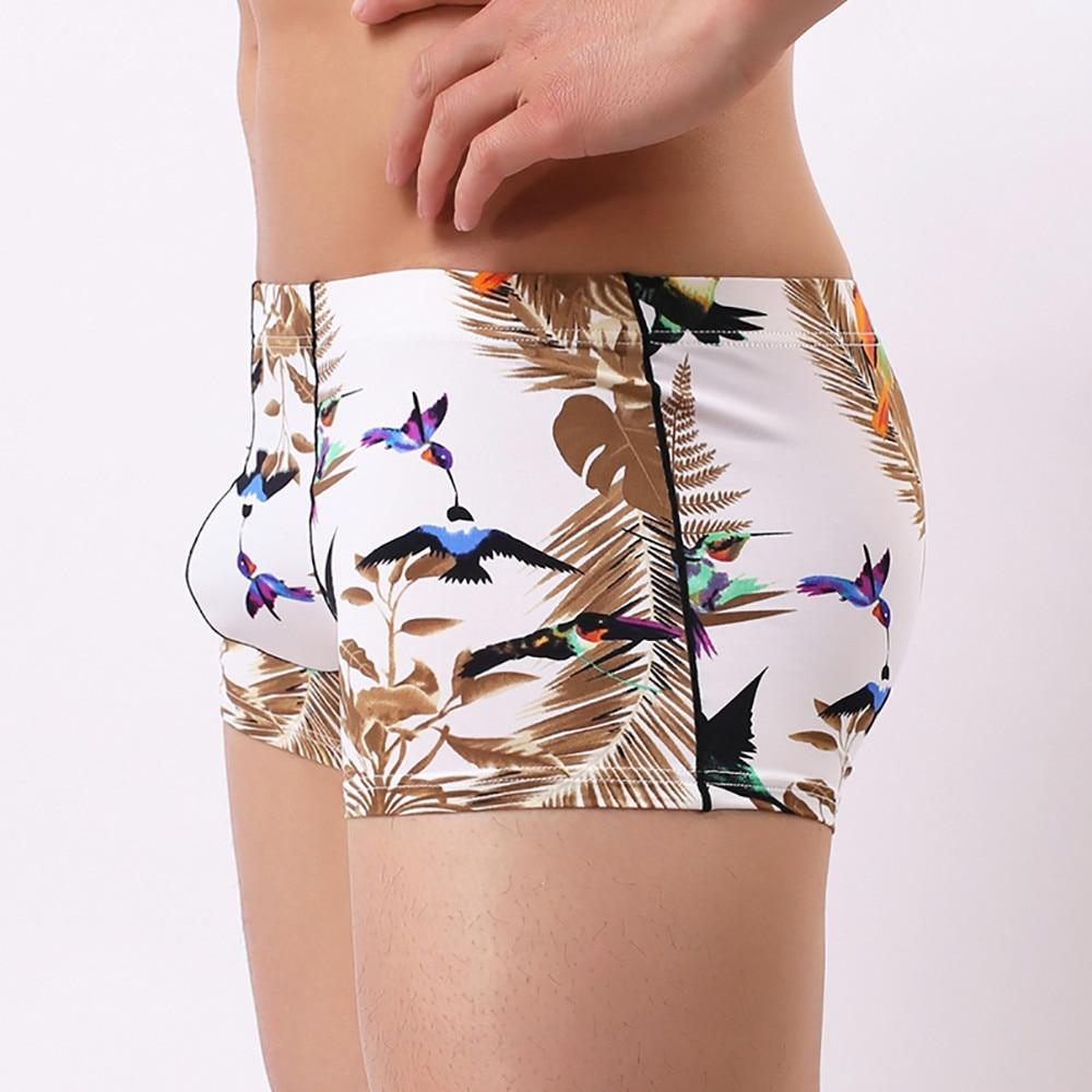 Hummingbird print boxers with colorful birds and brown tropical leaves, shown on a model
