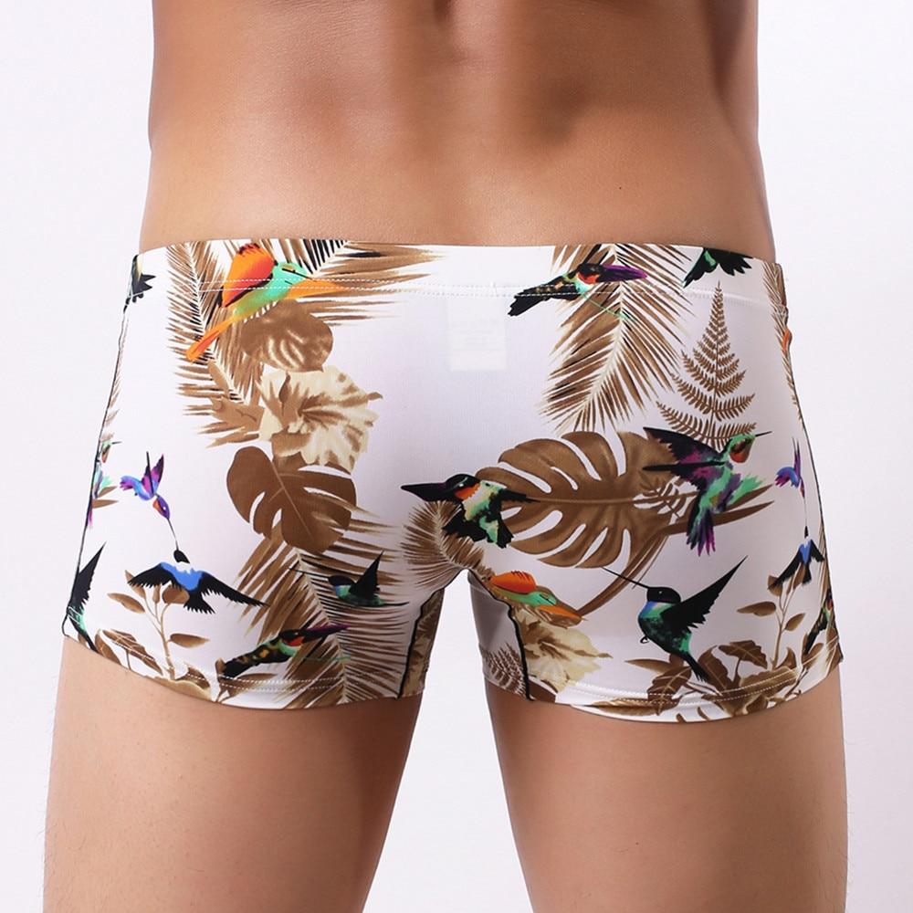 White boxer briefs with colorful hummingbirds and tropical leaf print, shown on a model