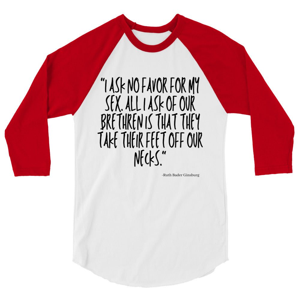 Front view of a white raglan shirt with red three-quarter sleeves and a quote in black text