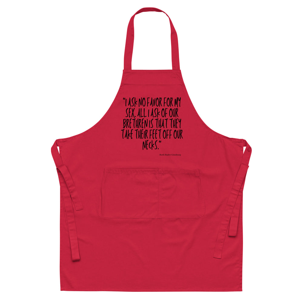 Front view of a red apron with a large black Ruth Bader Ginsburg quote and front pocket