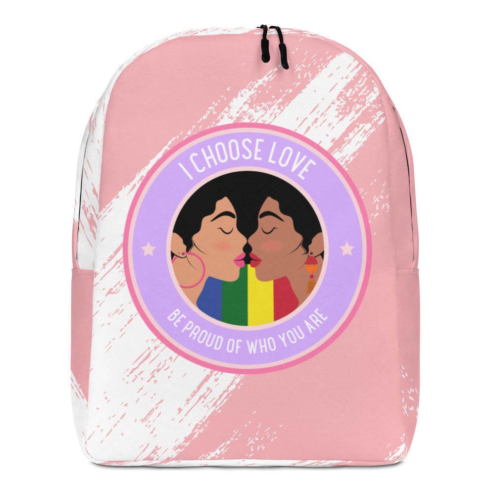 Front-facing pink backpack with two women kissing and “I CHOOSE LOVE” text