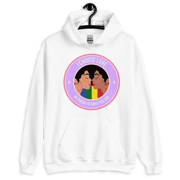 White hoodie on a hanger with two women kissing and the words “I CHOOSE LOVE.”