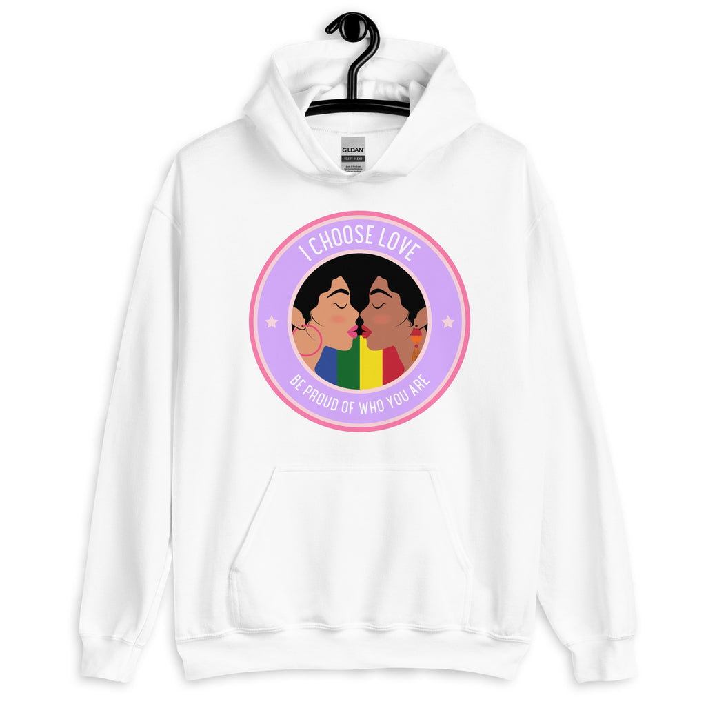 White hoodie on a hanger with two women kissing and the words “I CHOOSE LOVE.”