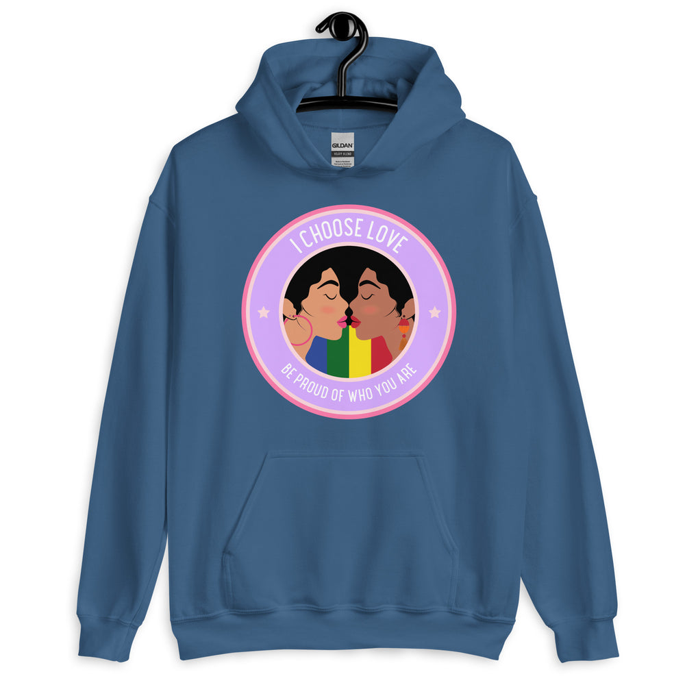 Front view of a blue hoodie with a circular kissing-couple graphic and “I CHOOSE LOVE” text