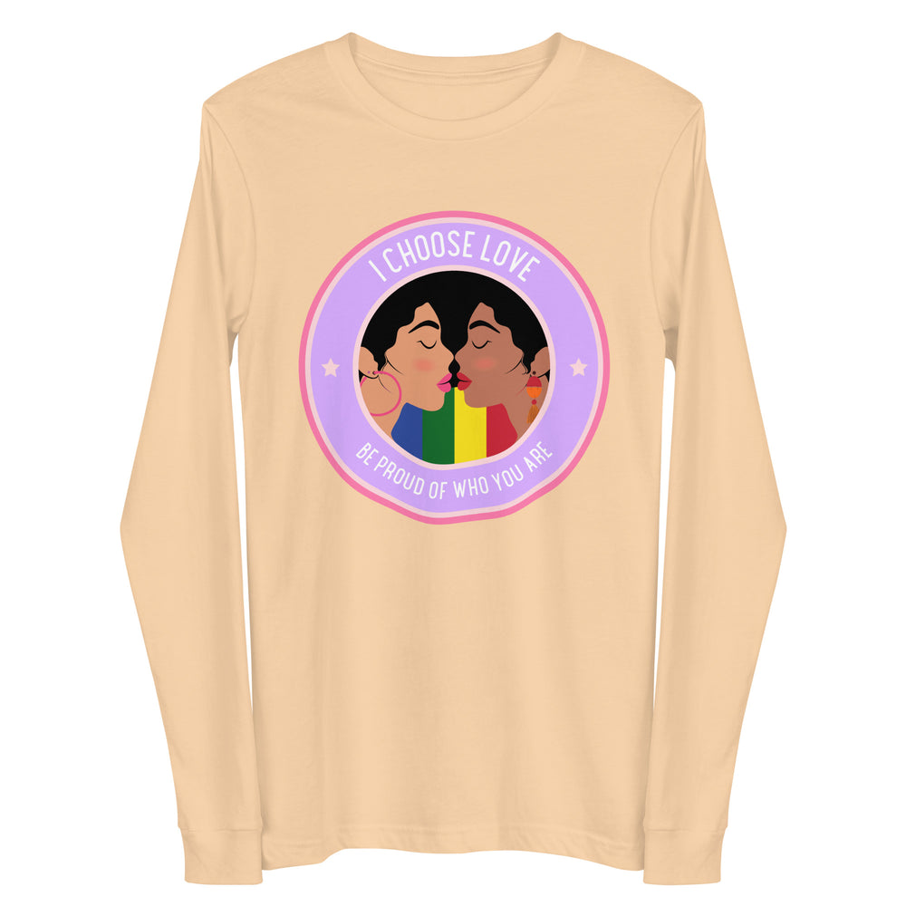 Front view of a sand-colored long-sleeve shirt with two women kissing and pride colors