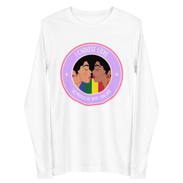 White long-sleeve shirt with two women kissing beneath “I CHOOSE LOVE” text