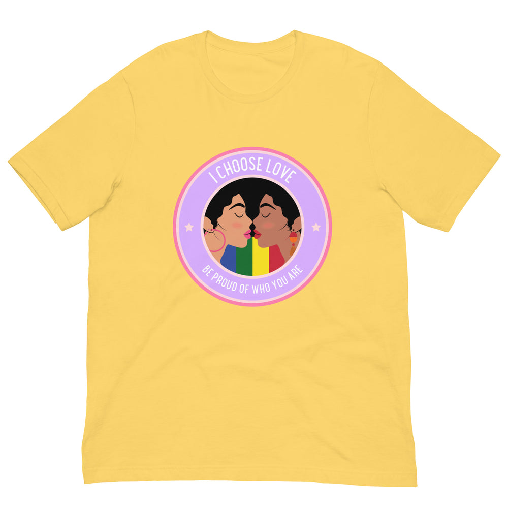Flat-lay yellow T-shirt with a circular graphic of two women kissing and “I CHOOSE LOVE” text