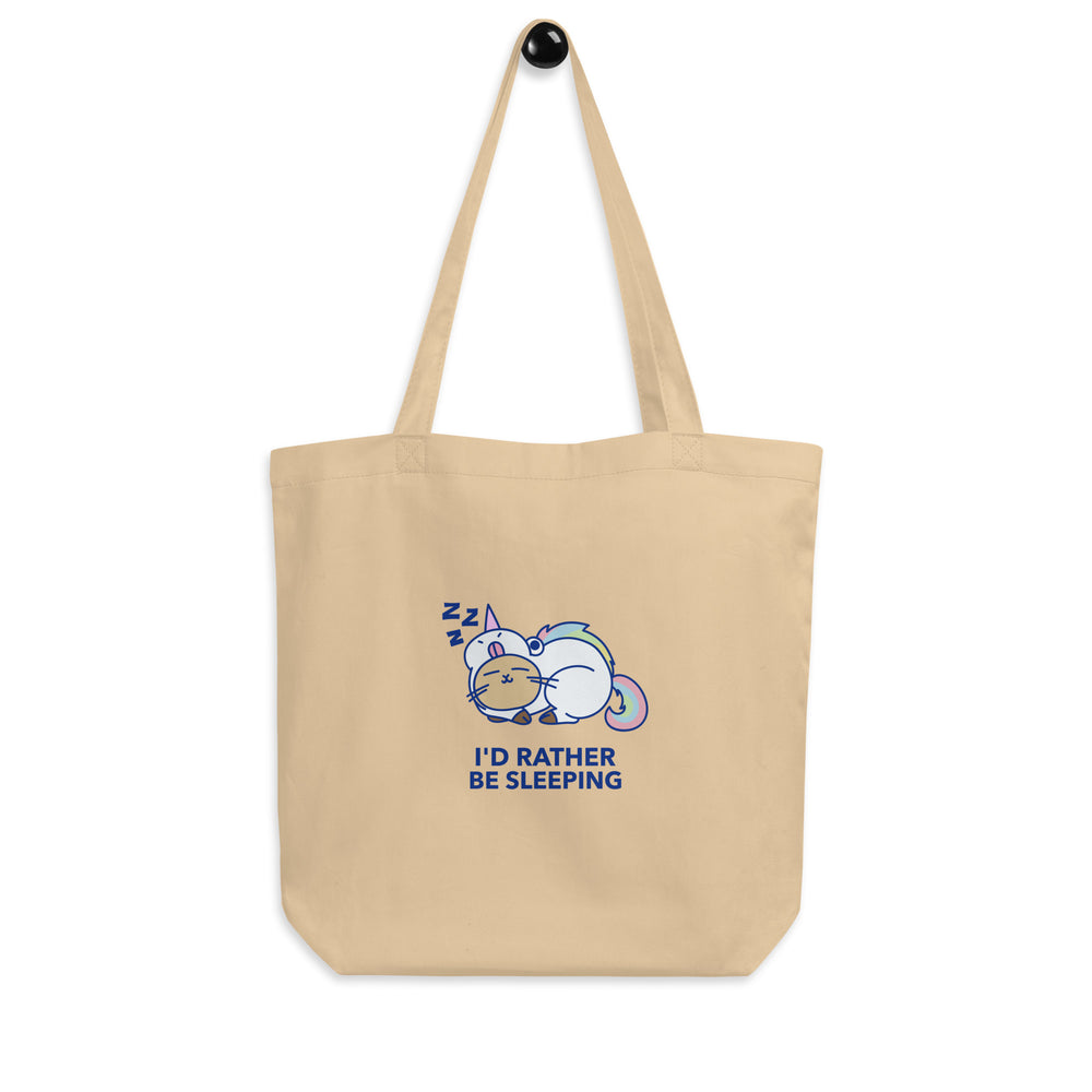 Oyster canvas tote bag with a sleeping pastel cat and unicorn graphic reading “I'D RATHER BE SLEEPING”