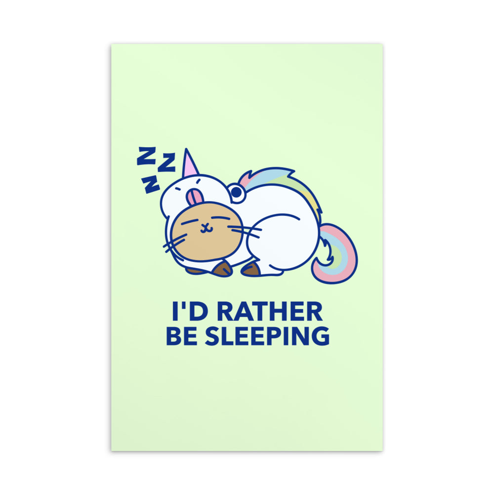 Light green postcard with two sleeping cartoon animals and the words “I'D RATHER BE SLEEPING.”