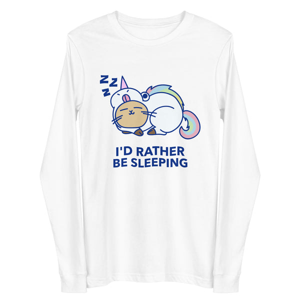 Front view of a white long-sleeve shirt reading “I’D RATHER BE SLEEPING,” with two sleeping cats