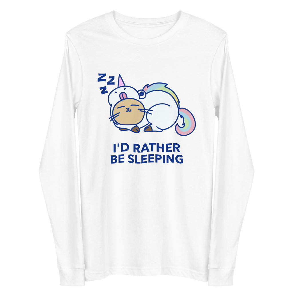 Front view of a white long-sleeve shirt reading “I’D RATHER BE SLEEPING,” with two sleeping cats