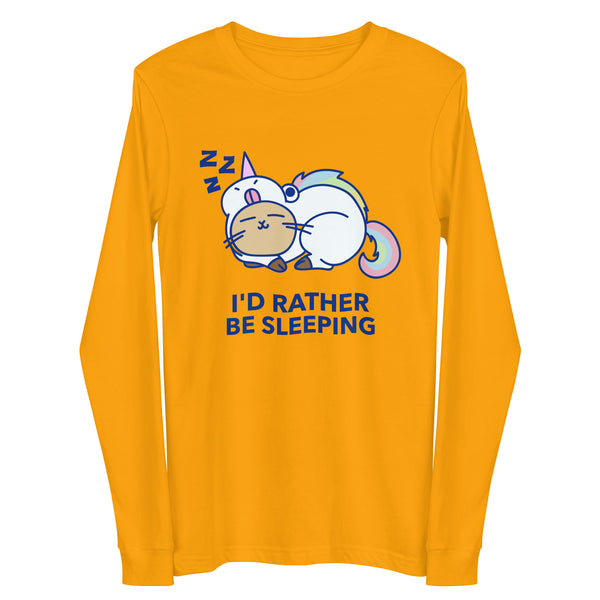 Front view of a mustard-yellow long-sleeve shirt with sleeping cartoon cats and “I'D RATHER BE SLEEPING” text