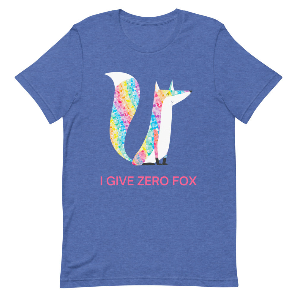 Front-facing blue T-shirt with a glittery rainbow fox and “I GIVE ZERO FOX” text