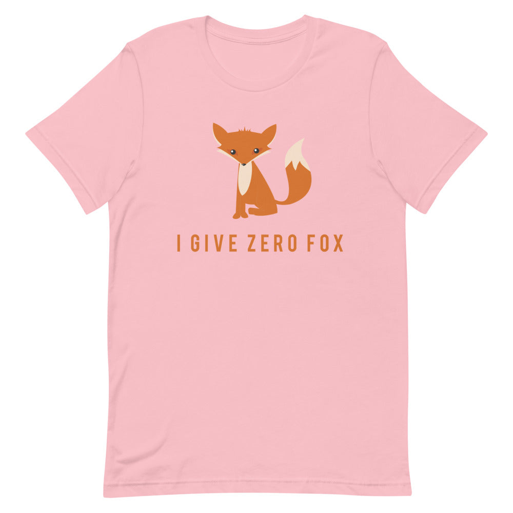 Pink T-shirt with a cartoon fox and the slogan “I GIVE ZERO FOX”