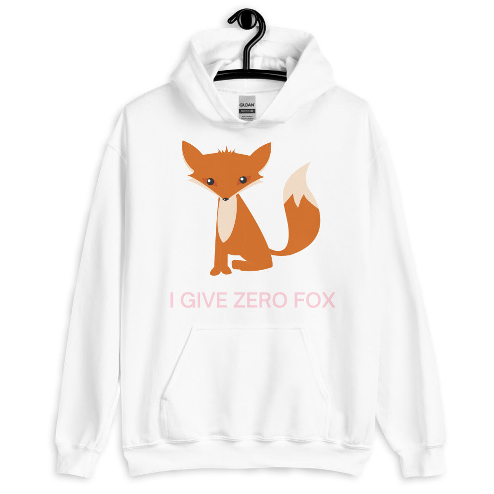 White hoodie with an orange fox graphic and pink “I GIVE ZERO FOX” text