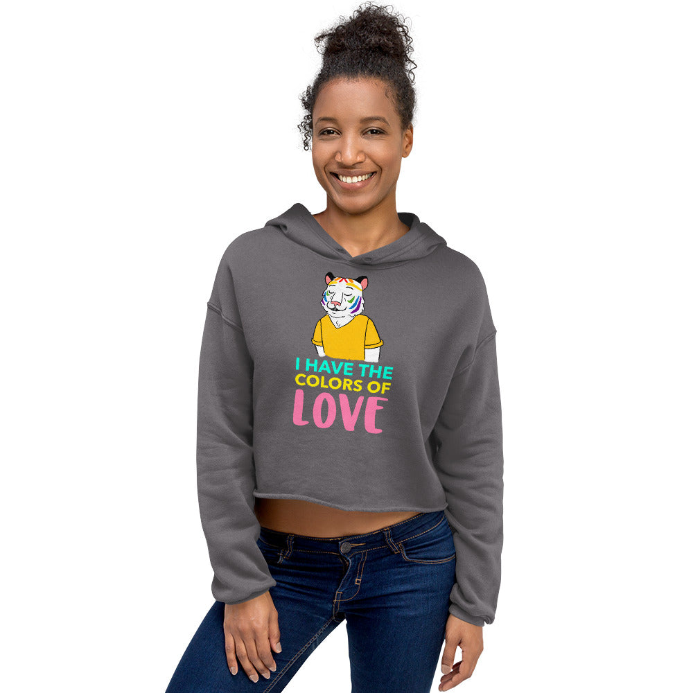 Front view of a gray cropped hoodie with a colorful tiger and “I HAVE THE COLORS OF LOVE” graphic