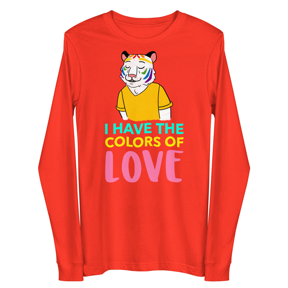 Front view of a red long-sleeve shirt with a colorful tiger and “I HAVE THE COLORS OF LOVE”