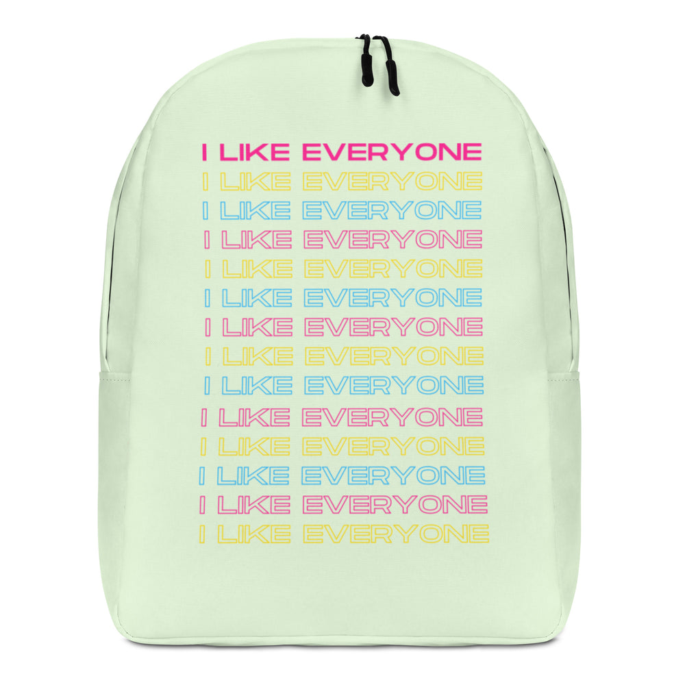 Front-facing pale green backpack repeating “I LIKE EVERYONE” in pink, yellow, and blue