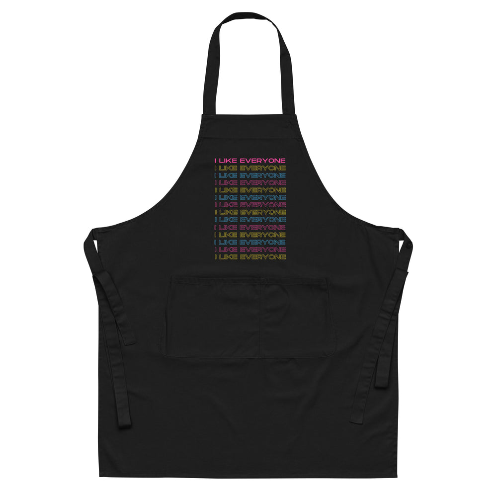 Front view of a black apron with colorful repeated “I LIKE EVERYONE” text and a large front pocket
