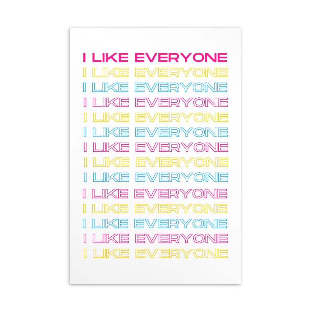 Postcard repeating “I LIKE EVERYONE” in pink, yellow, and blue outlined lettering
