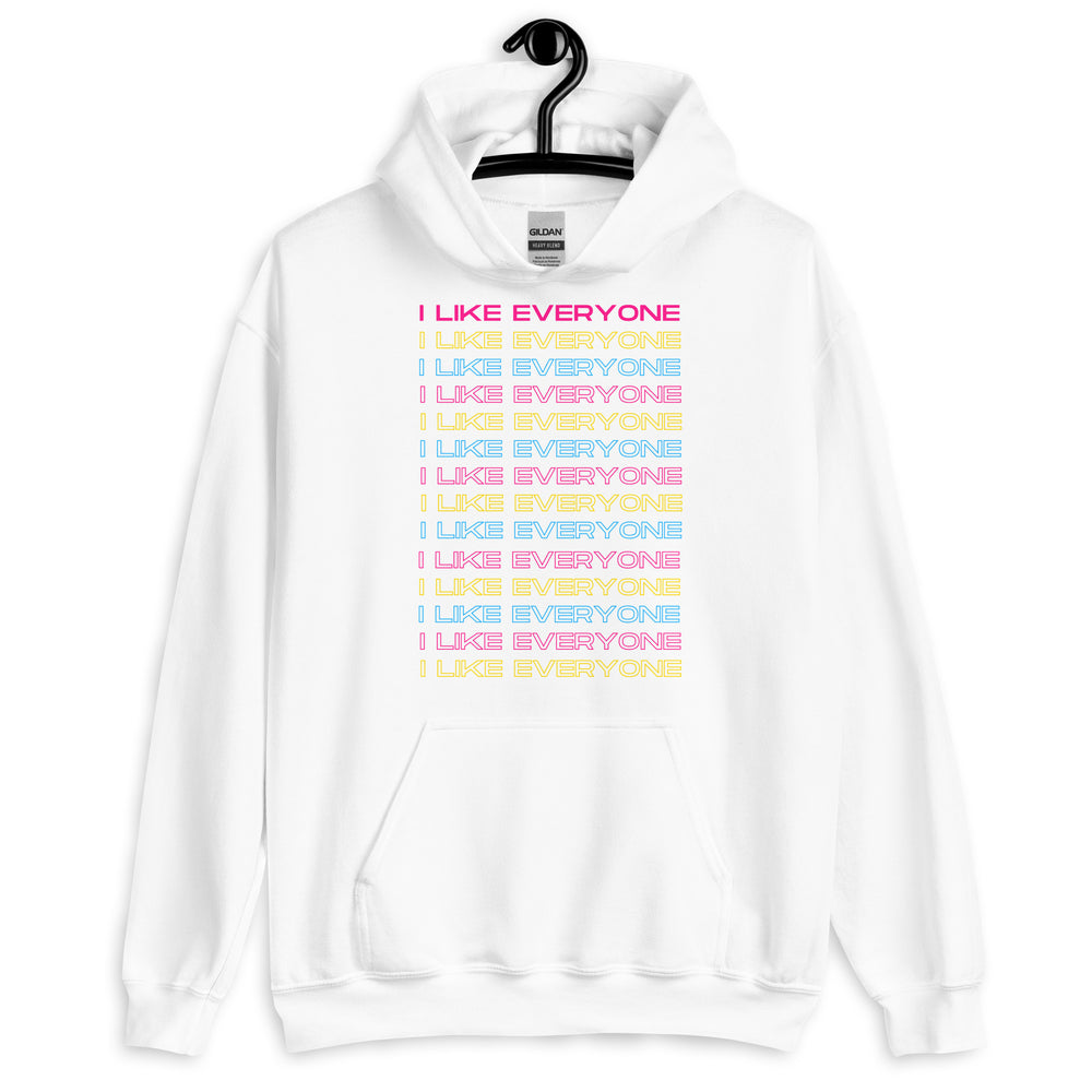 Front view of a white hoodie reading “I LIKE EVERYONE” in repeated pink, yellow, and blue lines