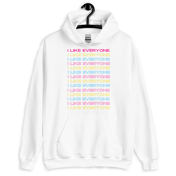Front view of a white hoodie reading “I LIKE EVERYONE” in repeated pink, yellow, and blue lines