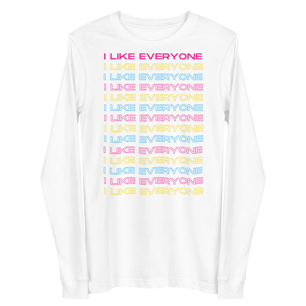White long-sleeve shirt with repeated “I LIKE EVERYONE” text in pink, yellow, and blue