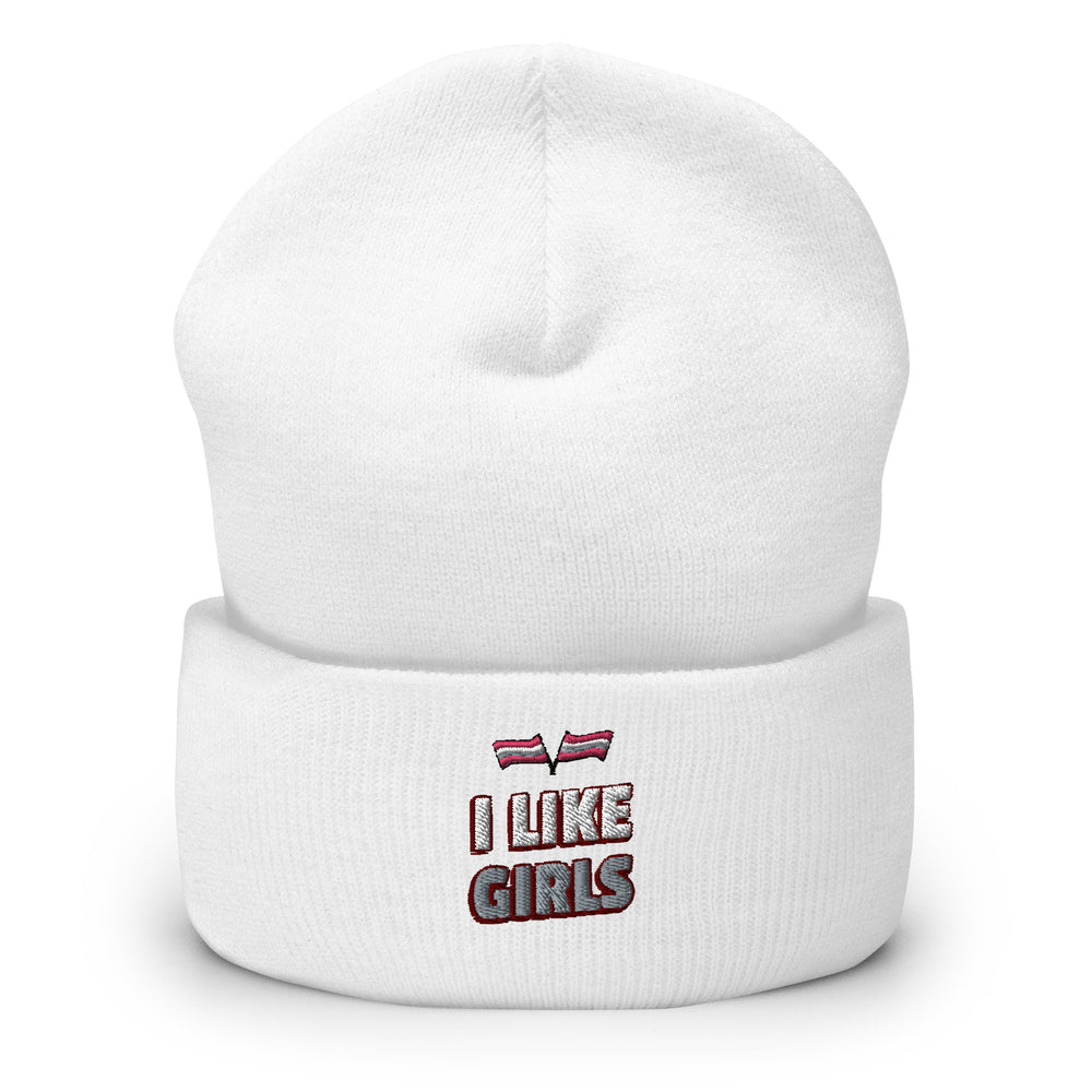 Front view of a white cuffed beanie embroidered with “I LIKE GIRLS” and a pink-striped symbol