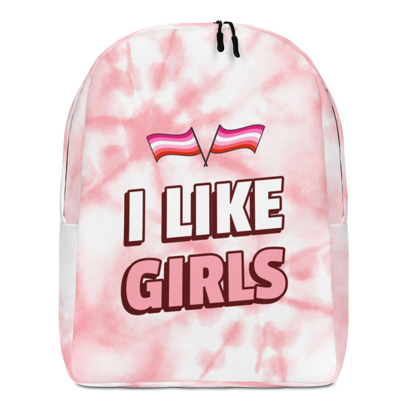 Front-view pink tie-dye backpack reading “I LIKE GIRLS,” with two crossed striped flags