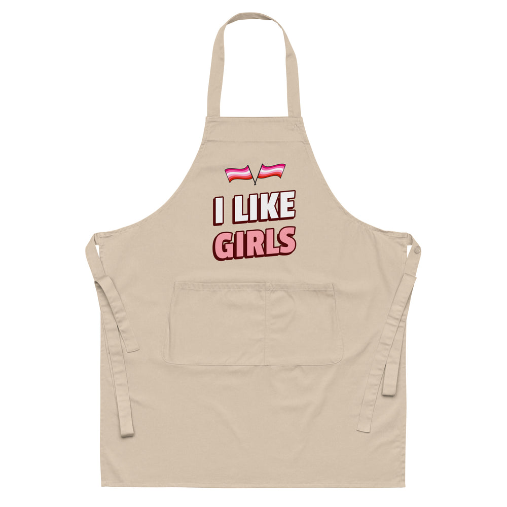 Front-view beige apron with pink stripes and the words “I LIKE GIRLS”