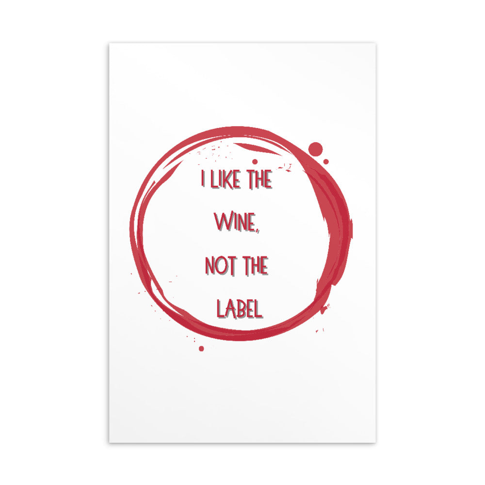 Pansexual pride postcard reading “I LIKE THE WINE, NOT THE LABEL” in red lettering