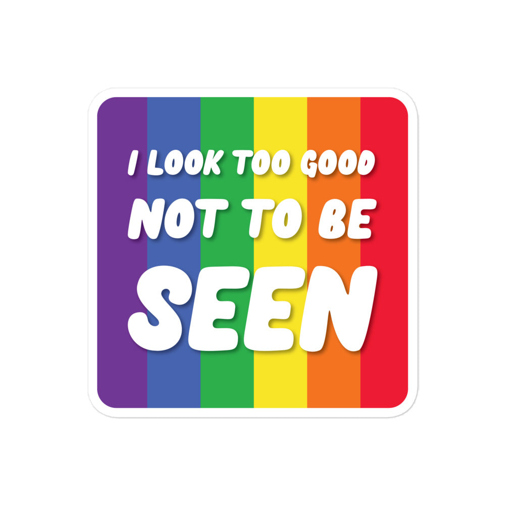 Rectangular sticker with rainbow stripes and white text, “I LOOK TOO GOOD NOT TO BE SEEN”