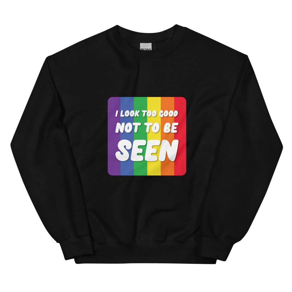 Front view of a black sweatshirt with a rainbow-striped graphic reading “I LOOK TOO GOOD NOT TO BE SEEN.”
